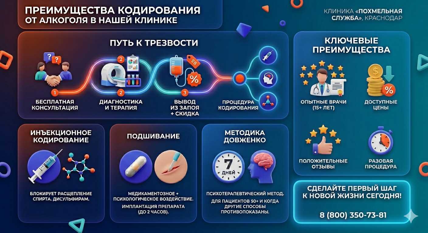 Инфографика о методах кодирования от алкоголя в Сунже: инъекции, подшивание, метод Довженко. Преимущества клиники и этапы лечения.