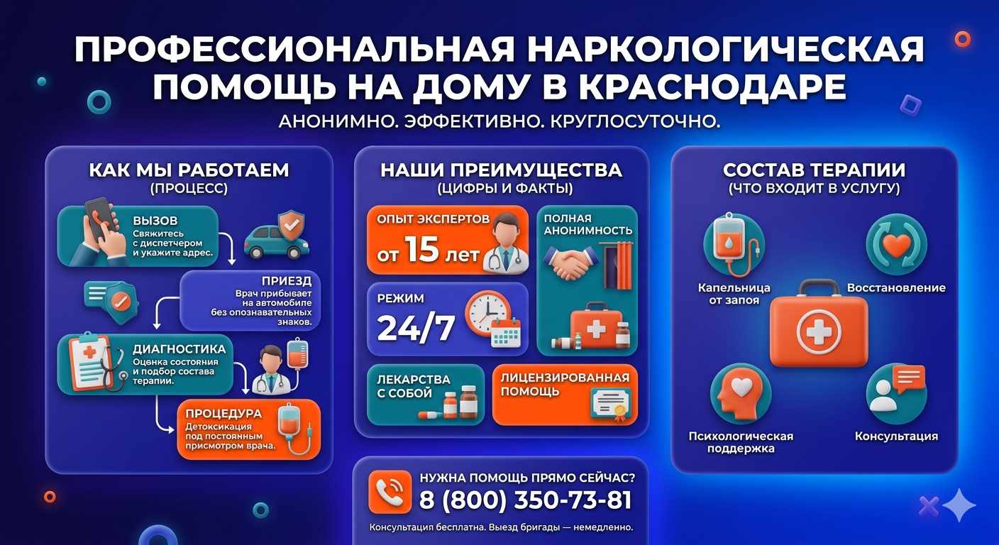 Инфографика о принципах лечения алкоголизма на дому в Сунже: этапы вызова нарколога, преимущества анонимной детоксикации и состав медицинской помощи.